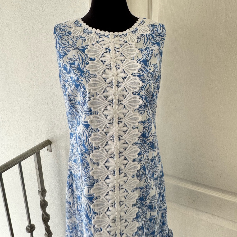 Lilly Pulitzer Sz 14 MELANI SHIFT DRESS Coastal Blue Fancy Feet with White Lace - Picture 7 of 14